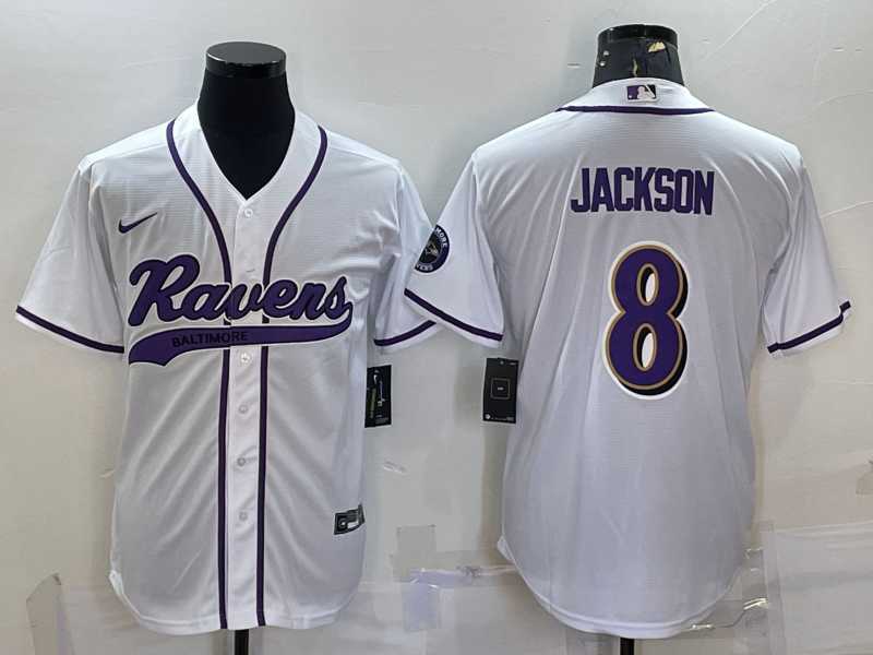 Men%27s Baltimore Ravens #8 Lamar Jackson White With Patch Cool Base Stitched Baseball Jersey->baltimore ravens->NFL Jersey